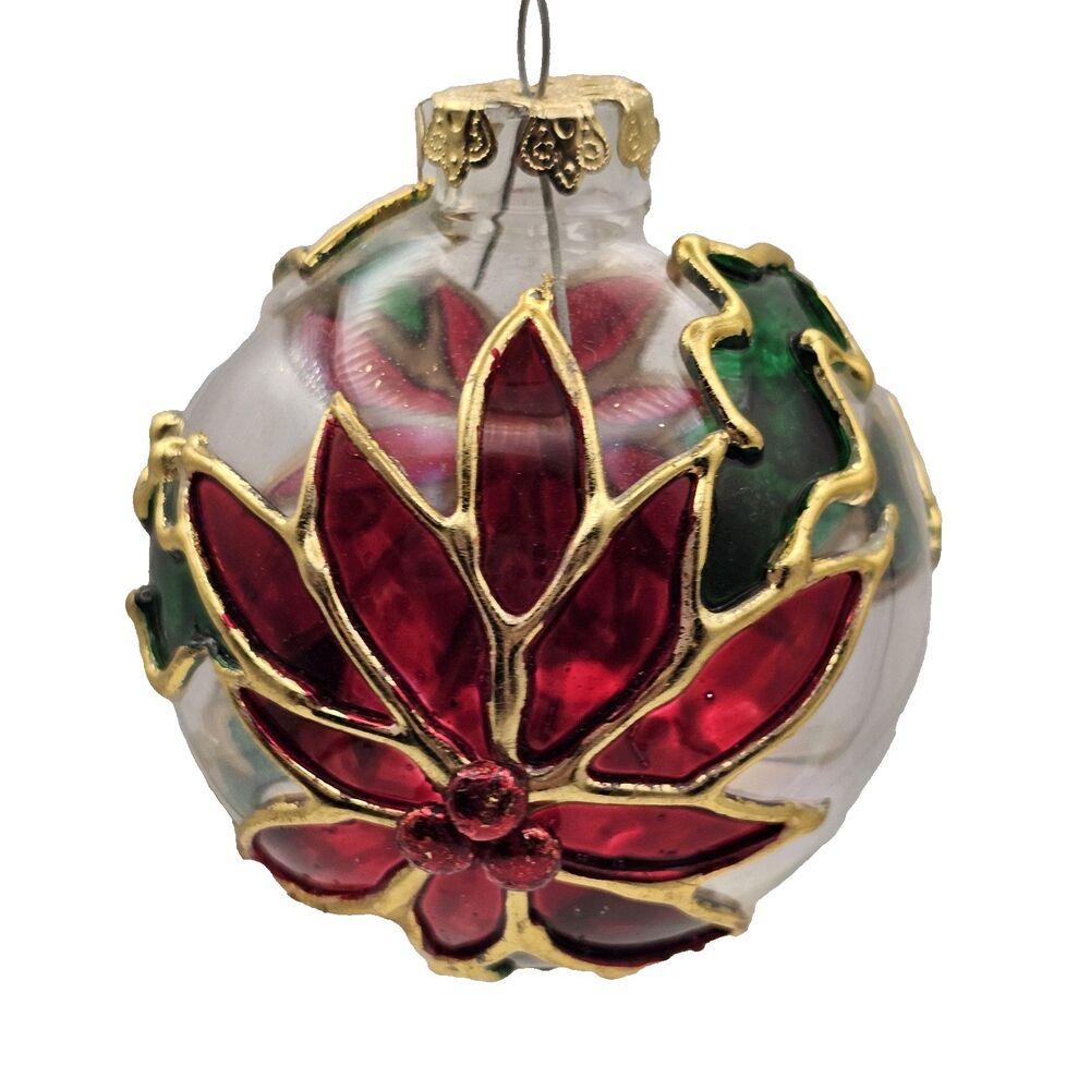 Vintage Christmas Blown Glass Poinsettia Ornament Raised Petals and Leaves